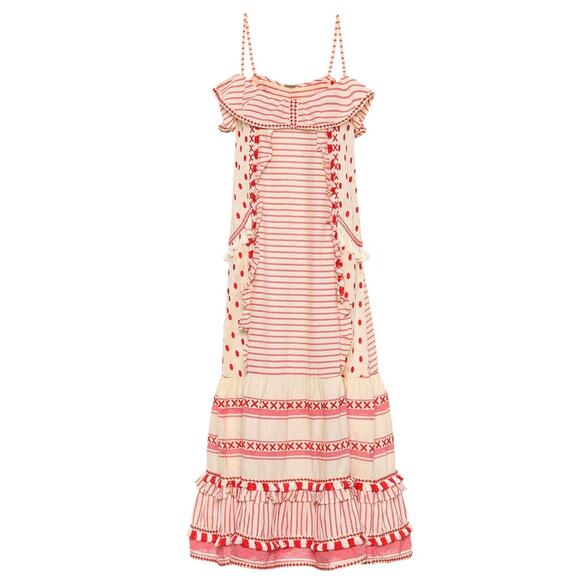 DODO BAR OR Cute Tan & Red Striped Polka Dot Ruffle Fringe Maxi Sun Dress S - Picture 1 of 16